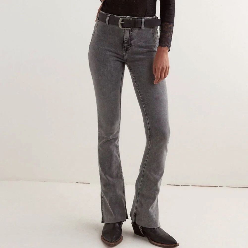 We The Free Level Up Slit Bootcut Jeans Women 29 Gray Mid Rise Frayed Hem Boho